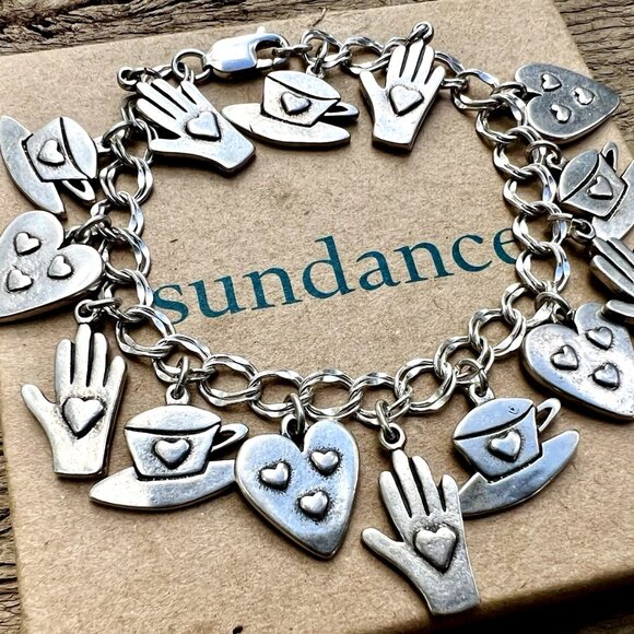 Sundance $538 NEW 7.5” Heart Hand Hat Silver Double Link Charm Handmade Bracelet - Picture 1 of 15